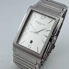 Kenneth Cole Quartz Watch KC3501 Men Silver Steel Rectangle Date New Battery 7"