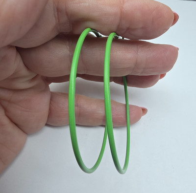 Green Enamel Thin Metal Hoop Omega Pierced Earrings Vintage