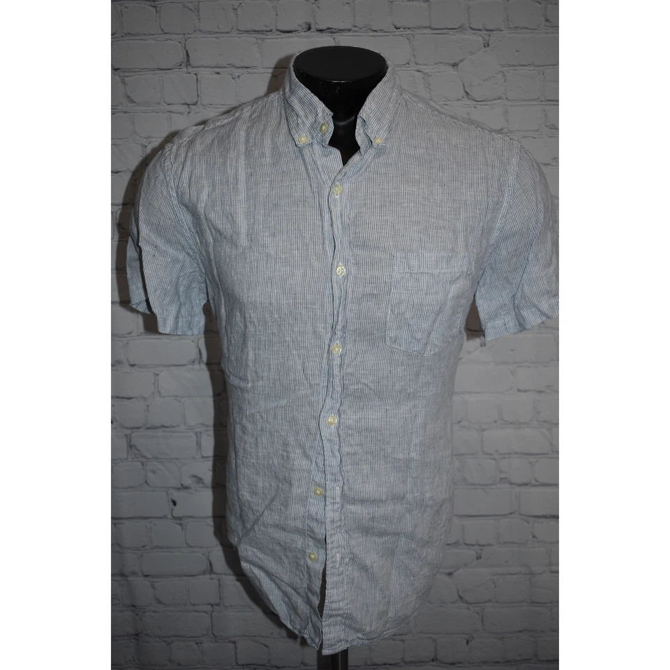 J Crew Dress Hawaiian Style Linen Shirt Mens Size Large Blue Striped - Image 2 of 4