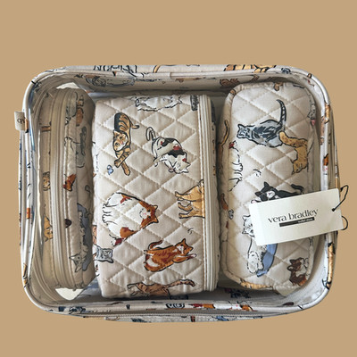 New Vera Bradley A Cats Life Pattern Beige Quilted Cosmetic Organizer Set