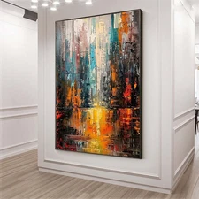 Abstract City 3D Colorful Modern Hand Painted Oil Painting On Canvas Orange