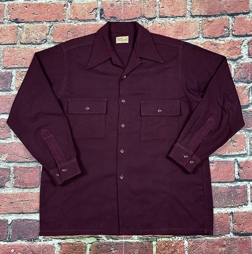 Vintage PENNEYS TOWNCRAFT Burgundy Wool Loop Collar Button Shirt Medium 50s 60s