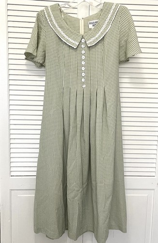 Vtg 80’s Green Check M/L Petite Midi Dress Wide Collar Modest Cottagecore - Picture 1 of 6