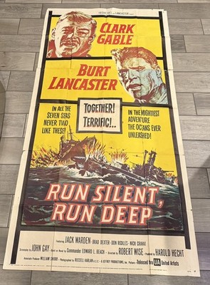 RUN SILENT RUN DEEP Original  1958 3 sh movie poster Clark Gable Burt Lancaster 