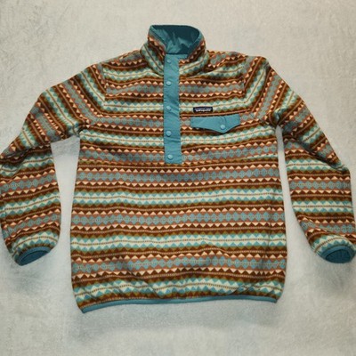 Patagonia Women's Teal Brown Reversible Pullover Snap-T Glissade Aztec Pullover 
