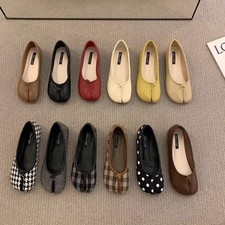 Women's Leather Bowtie Tabi Split Toe Mid Heel Fashion Ballet Court Shoes UK