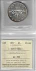 Canada 1957 , 1 Water Line, No Die Break, $1 Silver Dollar, ICCS Certified MS60