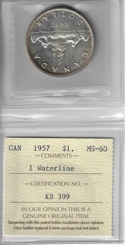 Canada 1957 , 1 Water Line, No Die Break, $1 Silver Dollar, ICCS Certified MS60