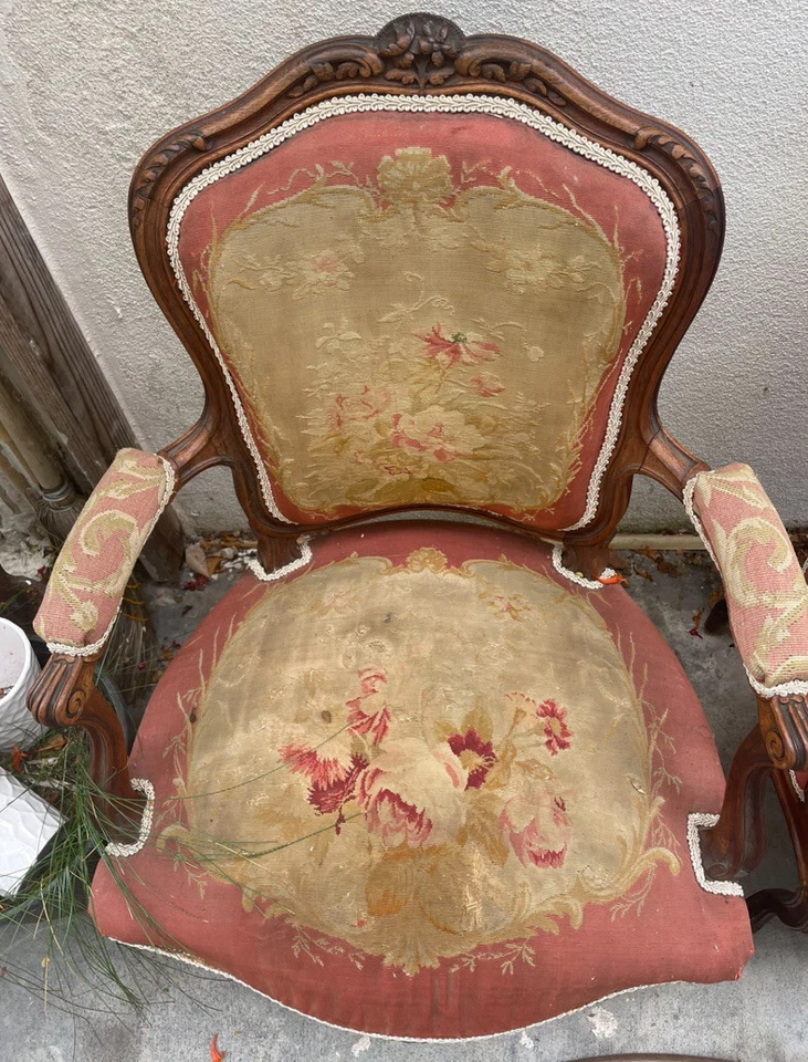 Antiguo sofá suite salón tapiz real Louis XV Aubusson defectos descoloridos 4 sillas Foto 4 de 4