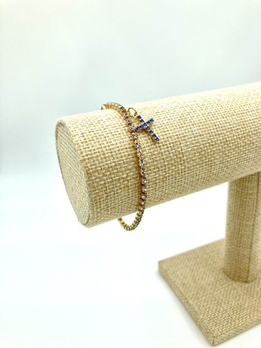 Beautiful Blue Color Cross Charm Tennis Bracelet - Sparkling Rhinestones - Picture 2 of 5