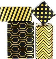 Black Gold Gift Wrapping Paper for Women Men, 4 Designs Polka Dot Stripe Line Ch