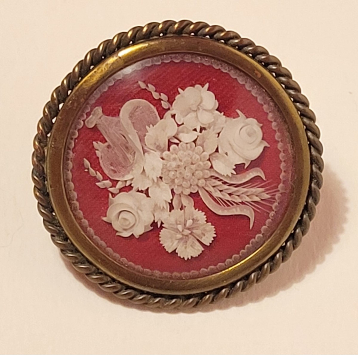 Broche Ancienne Bouquet De Fleurs Sous Verre - Monture Laiton, Vintage