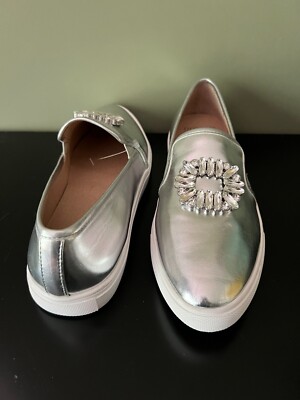 NEW Donald Pliner Silver Crystal Stone Buckle Loafers Flats  display picture 2