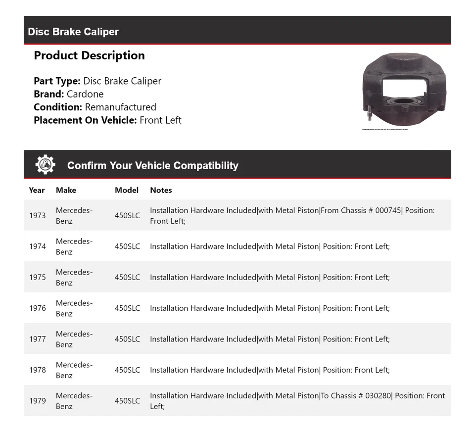 Суппорт дискового тормоза передний левый кардон 1974 для 1973-1979 Mercedes-Benz 450SLC - Изображение 2 из 4