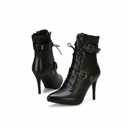 Ladies Sexy High Heel Lace Up Ankle Boots Pointed Toe Booties Sexy Party Buckle- - Picture 5 of 29