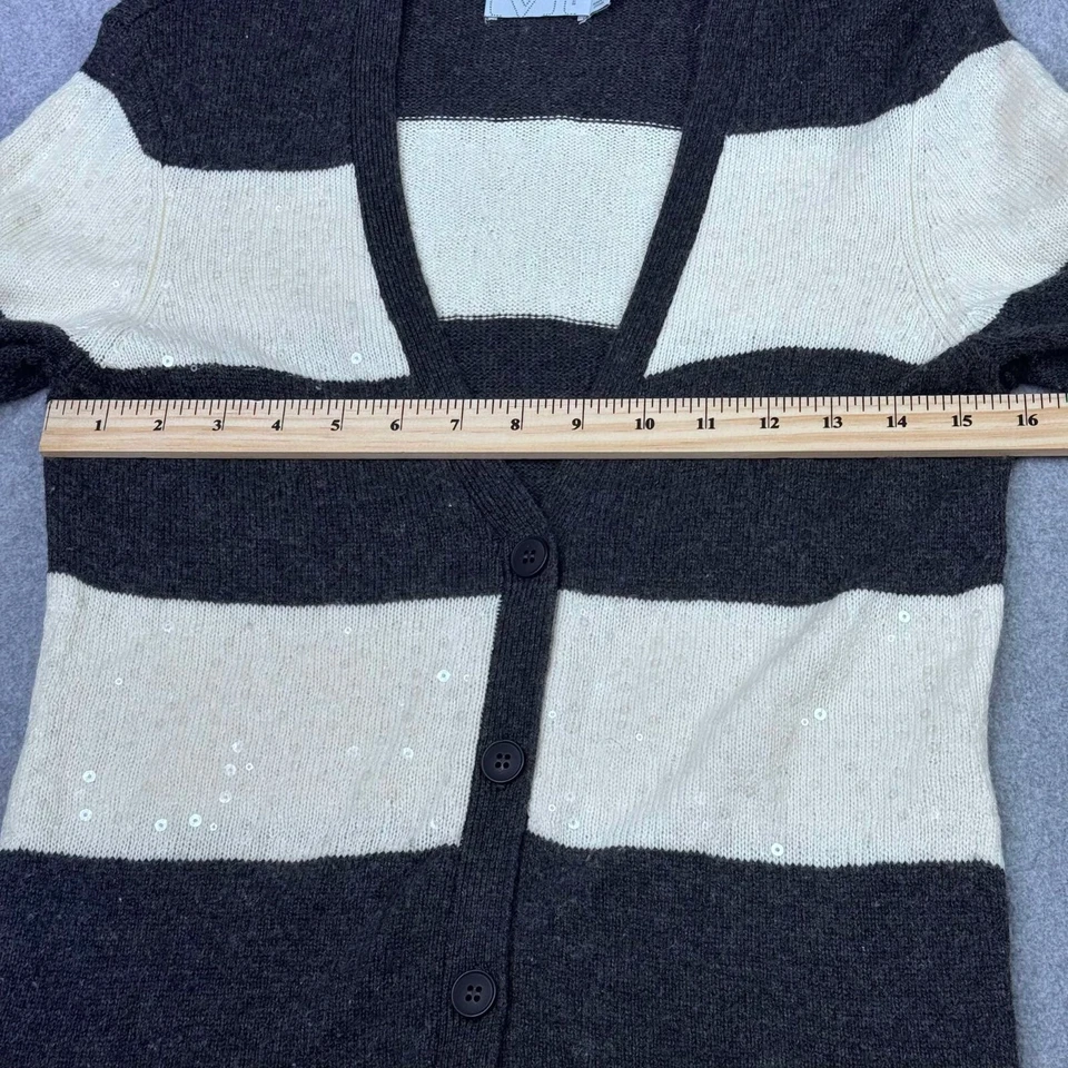 Michael Stars Ivory Gray Stripe Sequin Button Front Cardigan Superfine Wool Sz 2 - Image 3 of 4