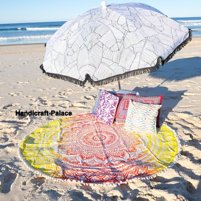 Indian Ombre Picnic Beach Throw Pom Lace Tapestry Mandala Orange Round Yoga Mat 