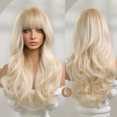 Long Wavy Platinum Blonde Hair Wigs Bangs Women Fashion Natural Daily Cosplay US