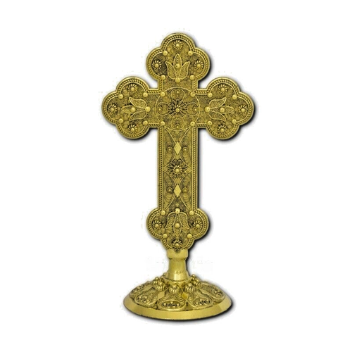 6 1/2" Engraved Gianniotiko Design Altar Stand Gold Plated Blessing Church Cross - Picture 4 of 4