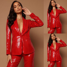 Red Sequin 2 Pcs Women Suits Fashion Party Wedding Ladies Outfits Plus Size