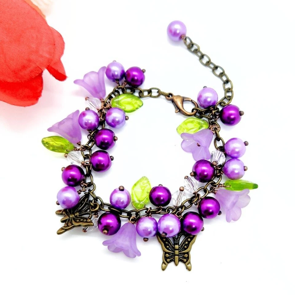 手工小饰品手链紫色花卉珠、叶子和青铜蝴蝶小饰品 — 第 2/3 张图片