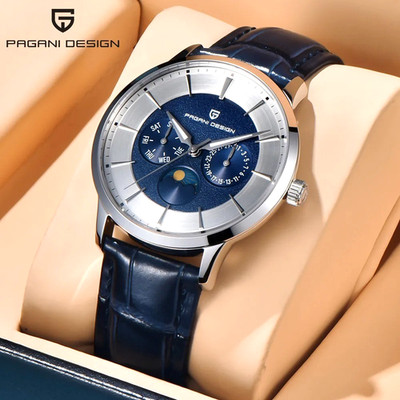40MM PAGANI DESIGN Quartz Luxury Watch Men's Moon phase Leather Waterproof NEW