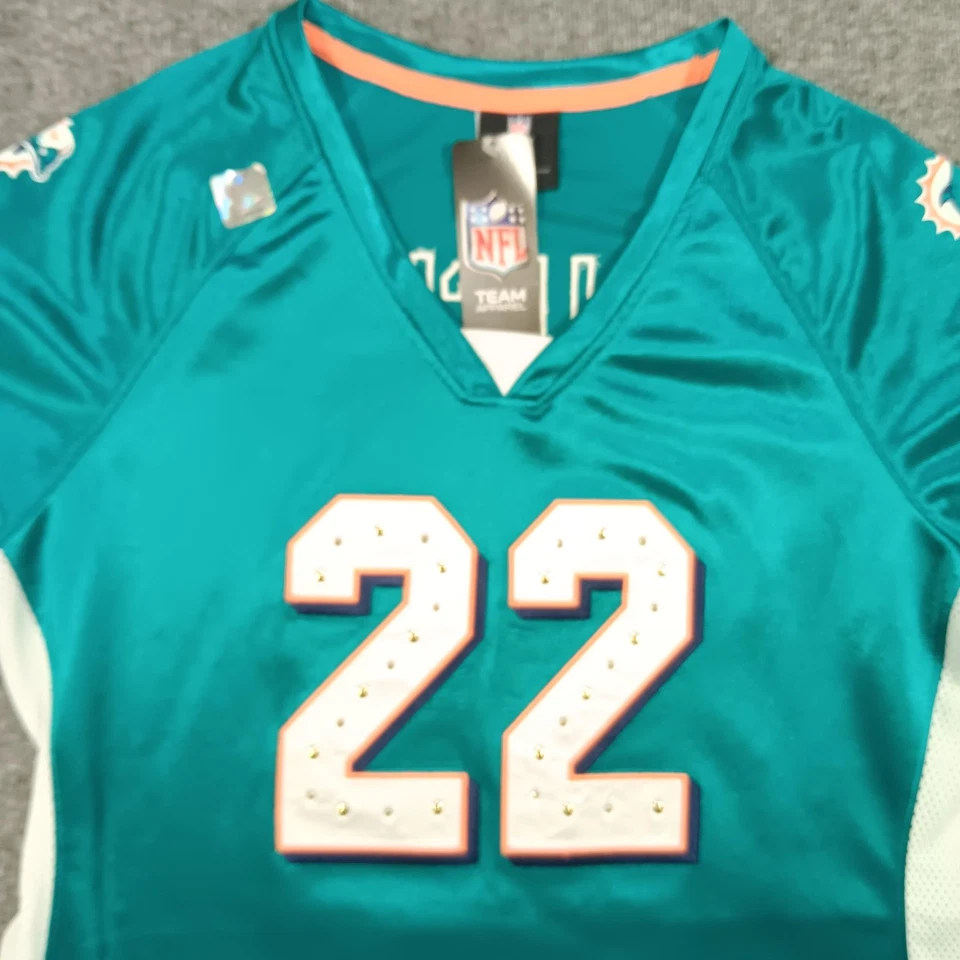 Camiseta de los Miami Dolphins para mujer verde NFL fútbol Bush 22 tachonada con cordones cuello en V Foto 2 de 4