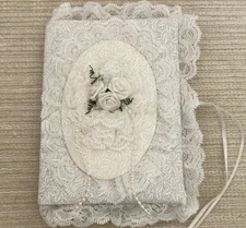 Handmade White Picture Album For 4"x6" Photos Fabric Lace Cushioned Ribbon Roses