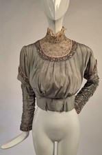 EDWARDIAN SILK CREPE BODICE W RICH EMBROIDERED TRIM RUCHED LONG SLEEVES