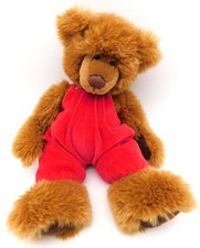 Russ Berrie Geoffrey the Brown Teddy Bear Red Overalls Plush Fluffy 14"
