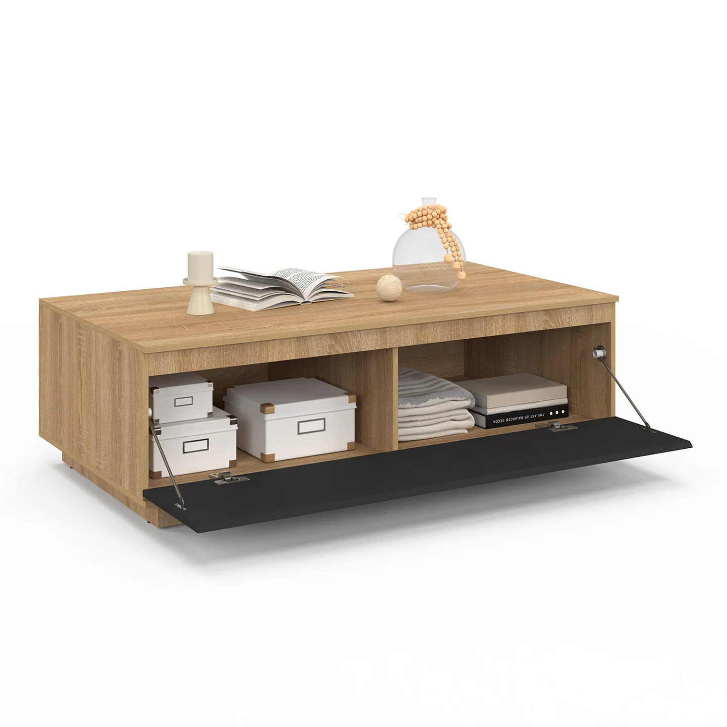 Table basse TOMI 110 cm bicolore avec porte en bois clair et finitions noires