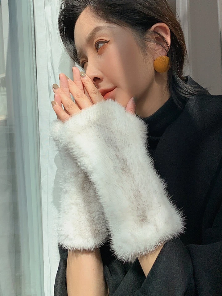 8 inch Women's Real Mink Fur Gloves Fingerless Knitted Wrist Cuffs Warm Sleeves - Image 2 of 4