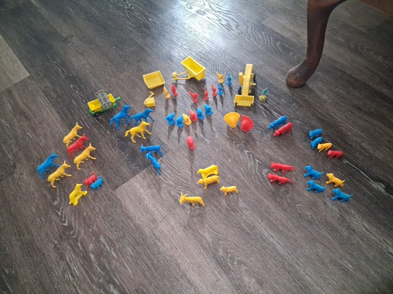 Vintage Plastic Farm Barn Animal Toy Figurine Lot of 50 Red Blue Yellow & Extras