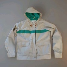 Vintage Woolrich Women's Jacket with Hood Natural and Green Size Medium Crop