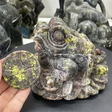 2.7LB 5.2" Natural Red Green Saseme Jasper Golden Toad Crystal Quartz Carving