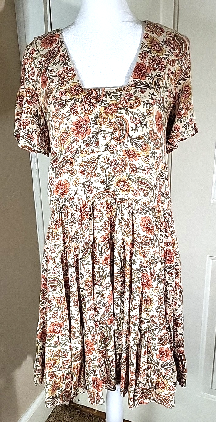 Patrons of Peace Tiered Boho Floral Babydoll Cottagecore Mini Dress Women's M