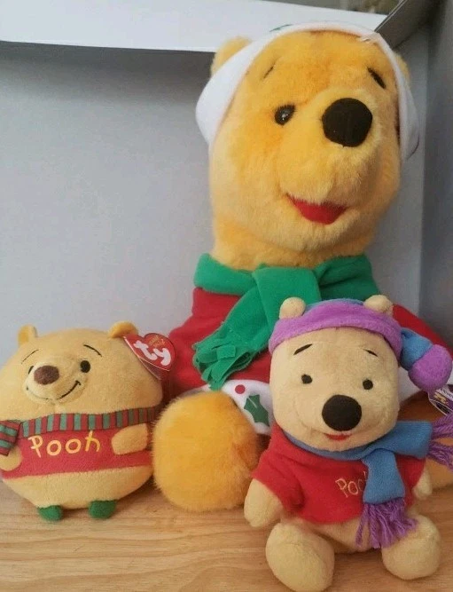Lote De Colección De 3 Winnie The Pooh Santa Bear 15 pulgadas Navidad Pooh Ty Beanie Ballz Foto 2 de 4