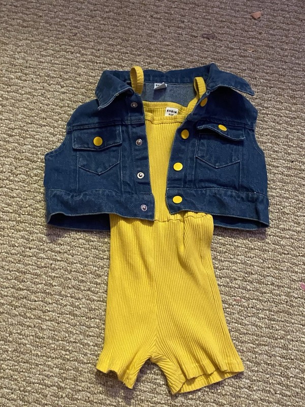 SHEIN Girls Yellow Solid Sleeveless Jumpsuit & Blue Denim Vest 2pc Size 6Y