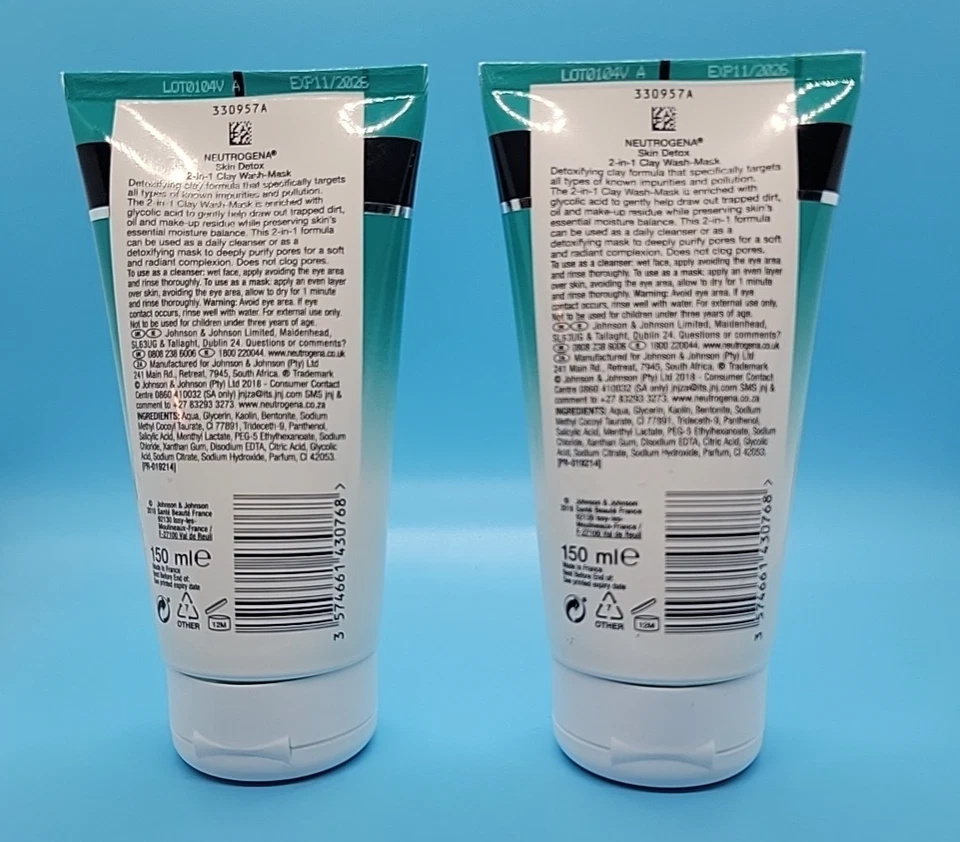 Máscara de lavado de arcilla Neutrogena Skin Detox 2 en 1 5 oz 2 tubos caducidad 11-26. 150 ml Foto 2 de 2