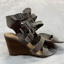Crown Vintage Shoes Women 8 Wedge Sandal Grey Suede Multi Strap Buckle Ankle Zip