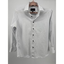 David Donahue Mens Trim Fit Dress Shirt White Blue Micro Dot Cotton 16 32/33