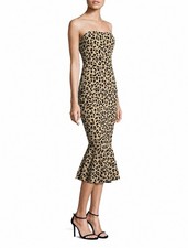 Women's Strapless Leopard Animal Print Bodycon Midi Dress Beige/Black Size 0