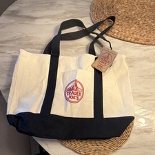 Trader Joe's Foldable Reusable Tote Bag Cotton Polyester Beige Navy Blue NWT