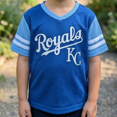 MLB Kansas City Royals Kids Royal Blue V-Neck Mesh Jersey T-Shirt 4T-3X NEW