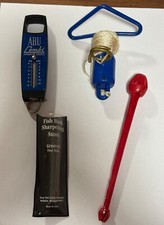 VINTAGE FISHING TOOLS LOT 4 PCS SHARPENING STONE GRIPPER BAITS FISH SCALE HOOK