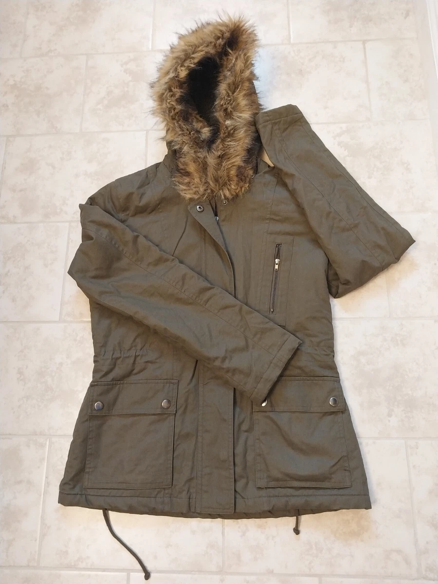 Women s Love Tree Fur Lined Army Green Jacket Faux Fur Trim Hood