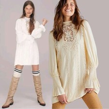 Free People Ethereal Edwardian Romantic Dainty Lace Mini Dress Ivory Medium NEW