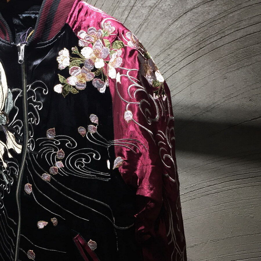 Mens Sukajan Souvenir Jacket Japanese Pattern Embroidery Reversible Wind  Thunder