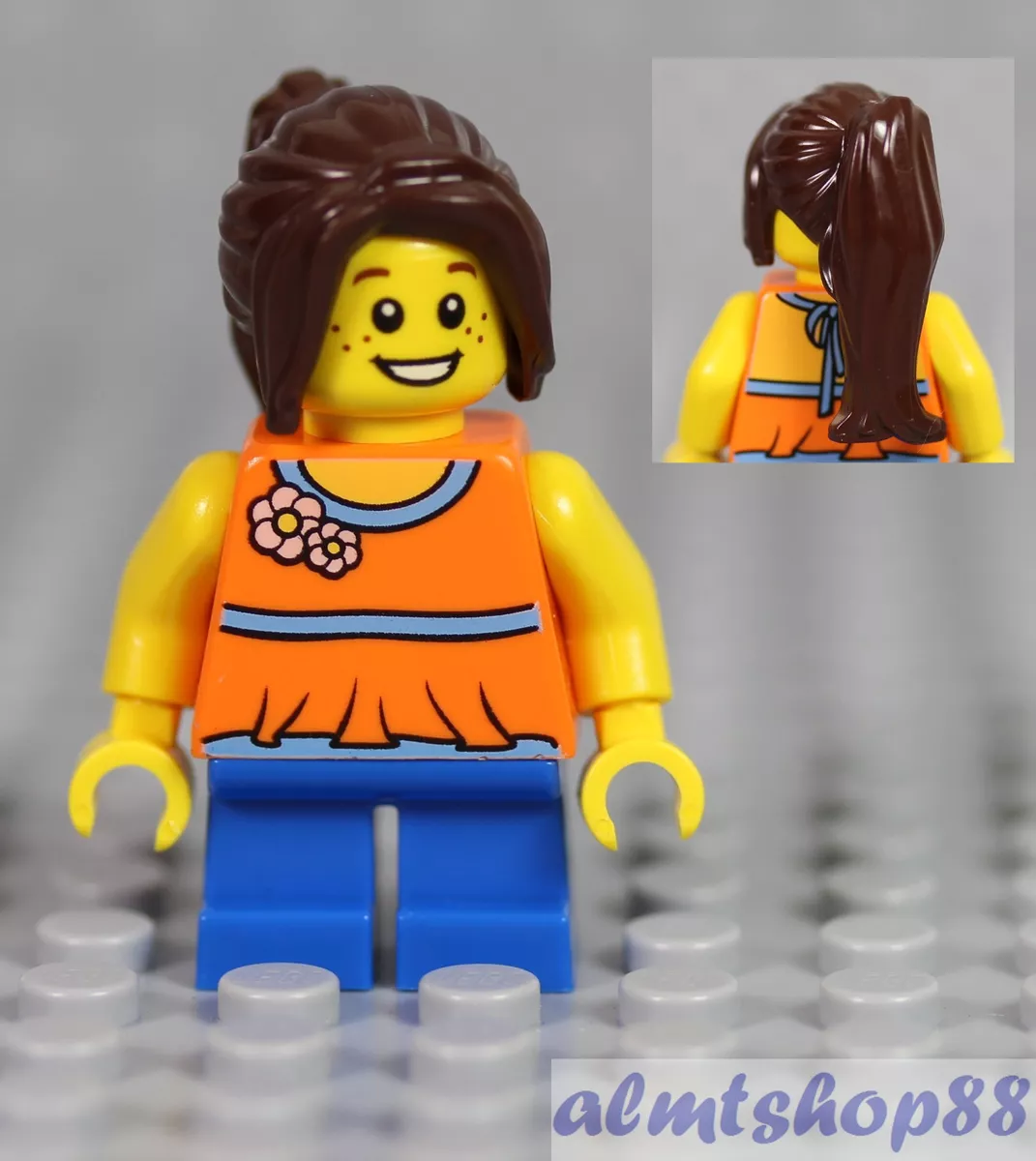 LEGO - Girl Kids Minifigure w/ Orange Shirt Blue Trim Flowers & Dark Brown  Hair | eBay