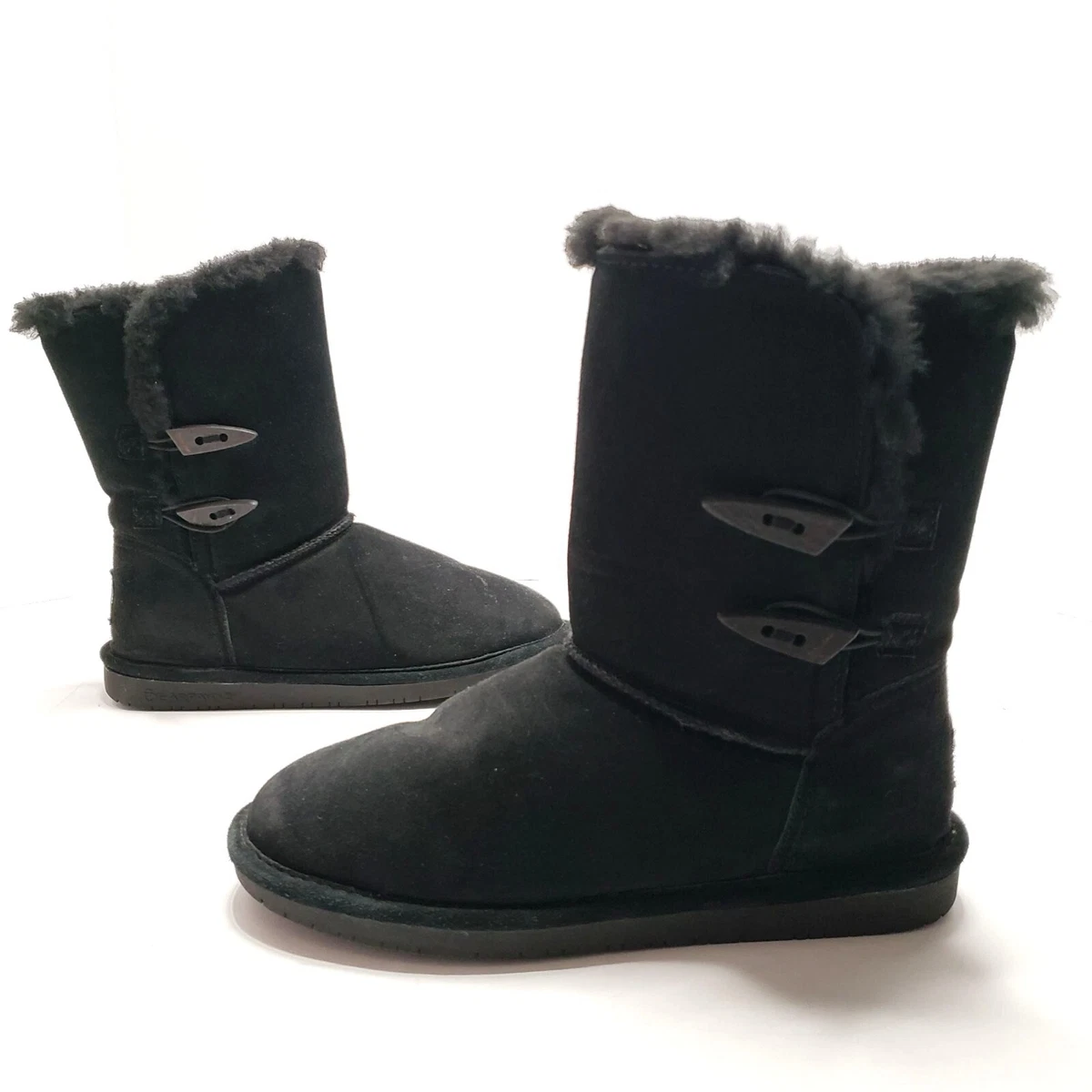 BearPaw Abigail Shearling Style Winter Boots Sz 8 Black Sheepskin Fur Lined Boot
